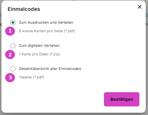 Bild Einmalcodes Auswahl